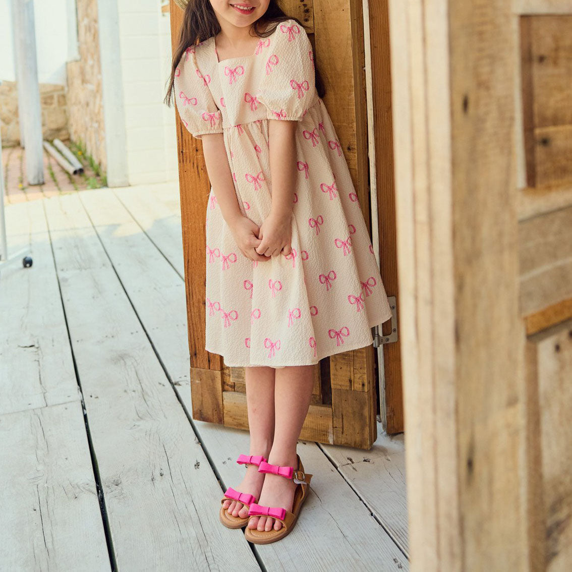 Kids Seersucker Square Neck Puff Sleeve Dress (1-6y) - Pink Bow Print - AT NOON STORE