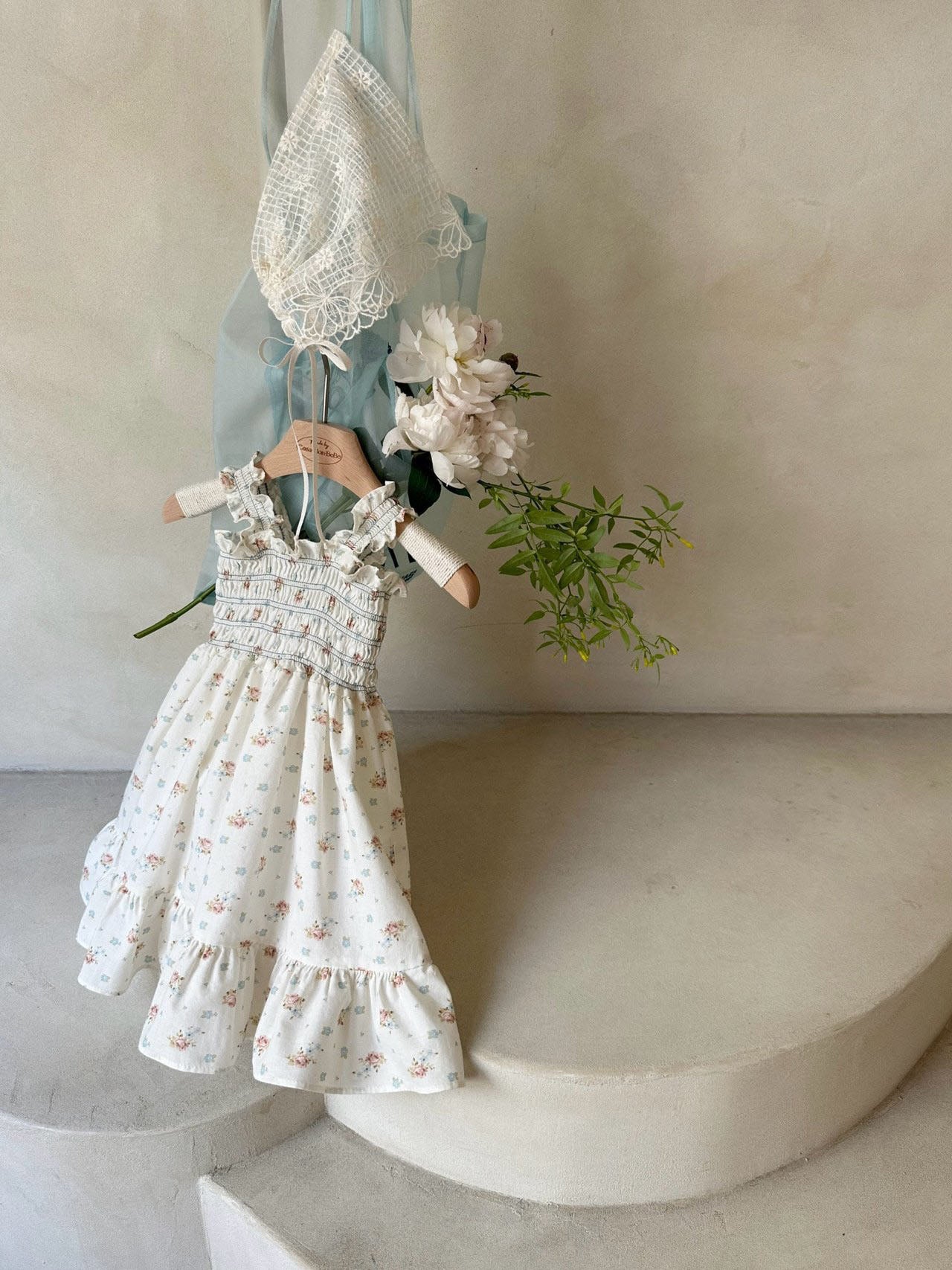 Toddler Monbebe Floral Smocked Bodice Blue Stitch Dress (1-6y) - Floral Ivory