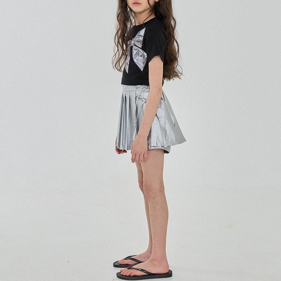 Girls Silver Bow Short Sleeve Cropped Top (3-6y) - Black - AT NOON STORE