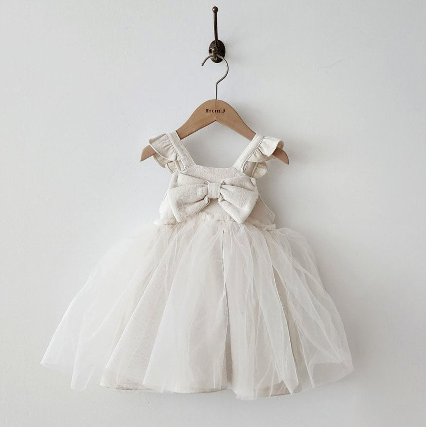 Girls Ruffle Shoulder Sleeveless Front Bow Tutu Dress (2-6y) - Ivory