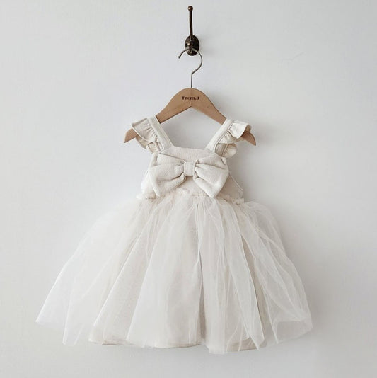 Girls Ruffle Shoulder Sleeveless Front Bow Tutu Dress (2-6y) - Ivory