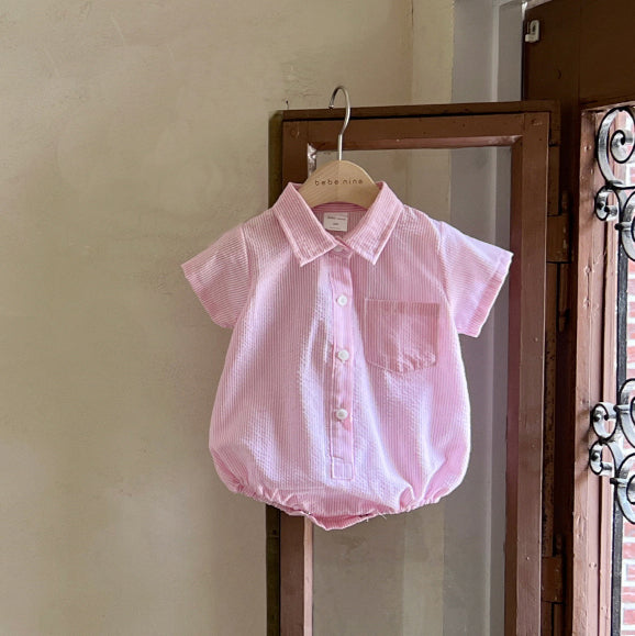 Baby Short Sleeve Stripe Shirt Romper (3-18m) - 2 Colors