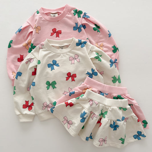 Girls Bow Print Sweatshirt & Skirt Set (1-6y) - 2 Colors - AT NOON STORE