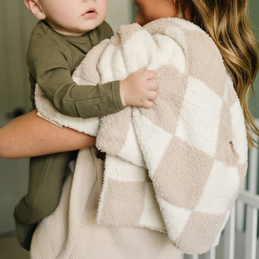 Taupe Checkered Plush Blanket - AT NOON STORE