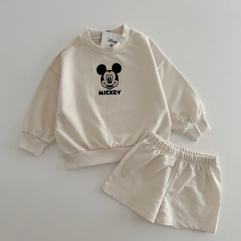 Toddler Disney Mickey Face Embroidery Sweatshirt and Shorts Set (2-7y) - Ivory
