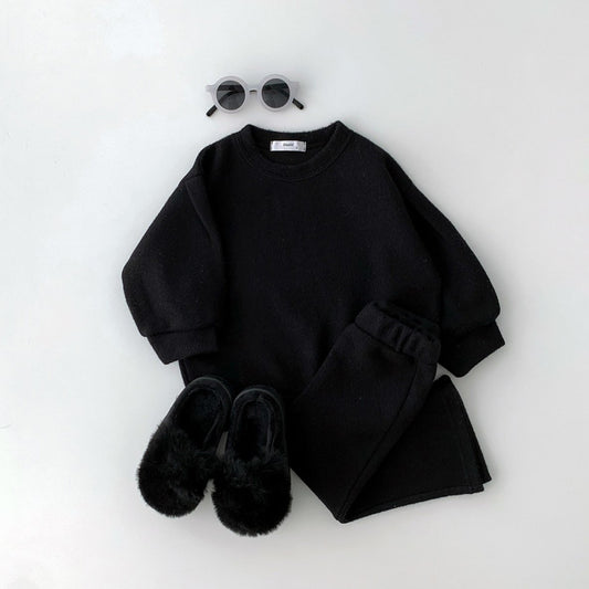 Toddler Brushed Fabric Puff Sleeve Sweatshirt and Flare Pants Set (2-6y) - Black - AT NOON STORE