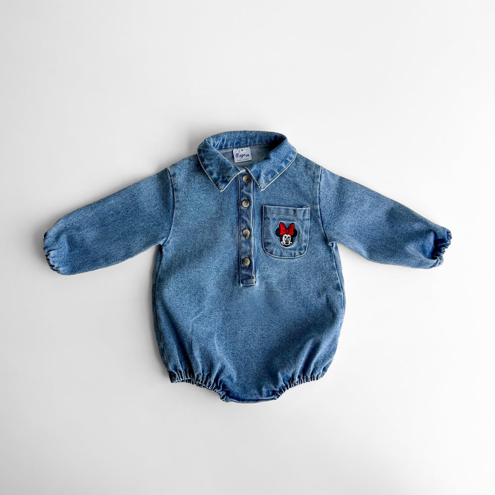 Toddler Disney Mickey and Minnie Face Embroidery Denim Long Sleeve Shirt Romper(6-18m) -2 Colors