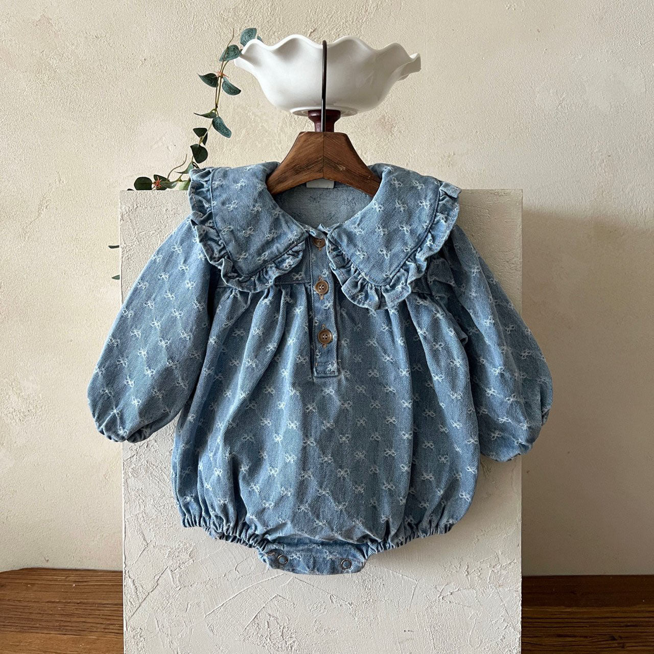 Baby Frill Trim Big Collar Bow Denim Jacquard Bubble Romper (3-24m) - Denim