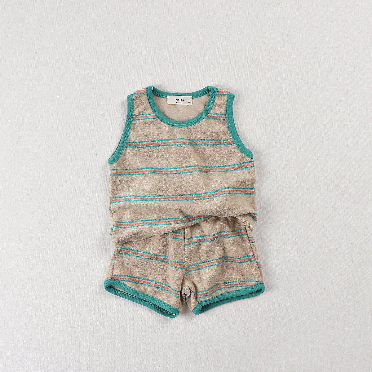 Toddler Stripe Terry Cloth Tank Top and Shorts Set (2-3y) - Beige - AT NOON STORE