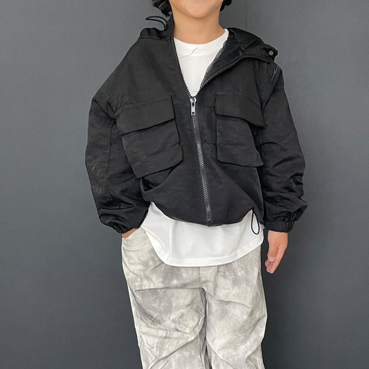 Toddler F25 Multi Pocket Adjustable Hem String Hooded Jacket (3-7y) - Black - AT NOON STORE