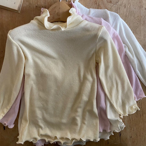 Baby Ann Lettuce-Edge Ribbed Long Sleeve Mock-neck Top (3-18m) - 3 Colors