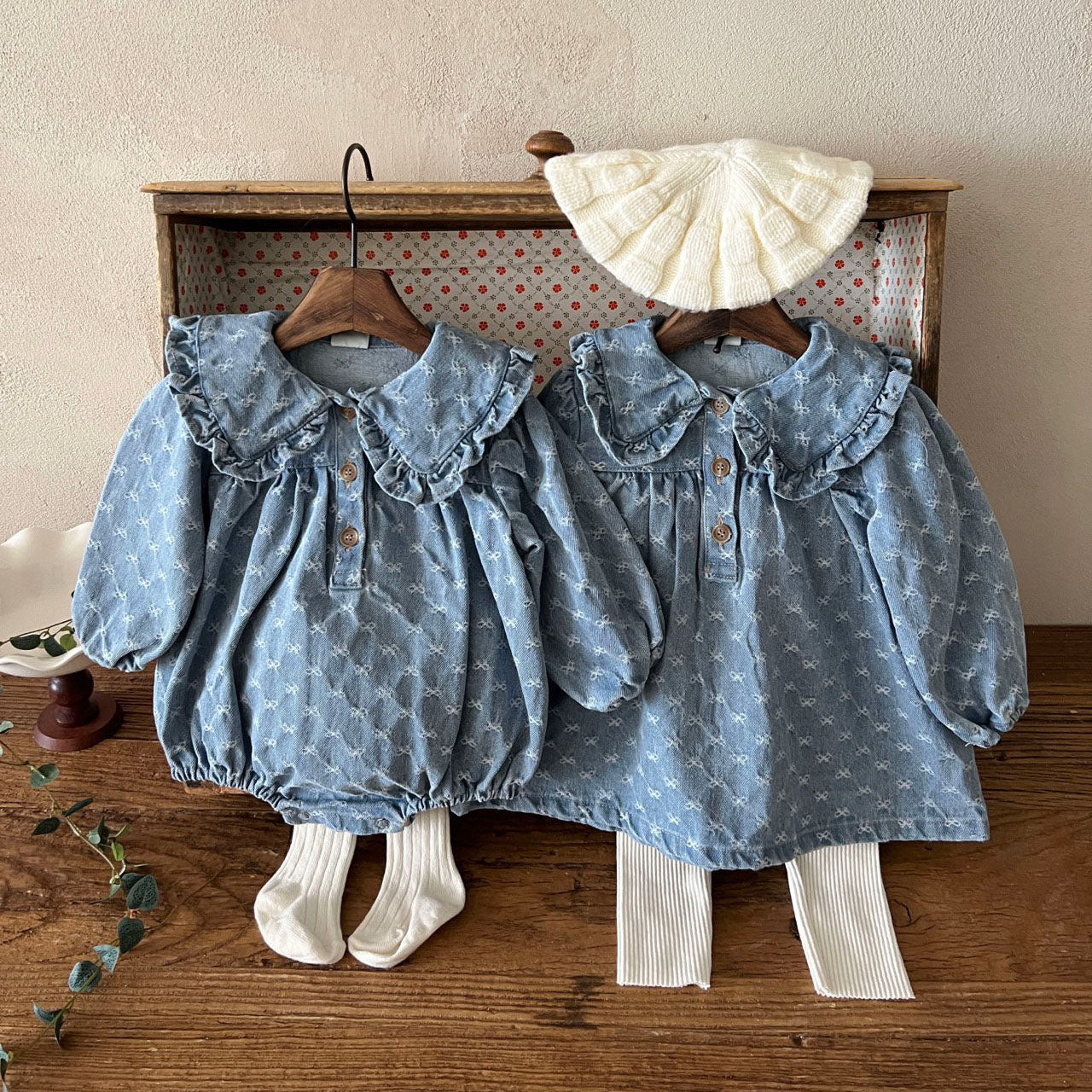 Girl Lala Frill Trim Big Collar Bow Jacquard Denim Dress (1-5y) -Denim