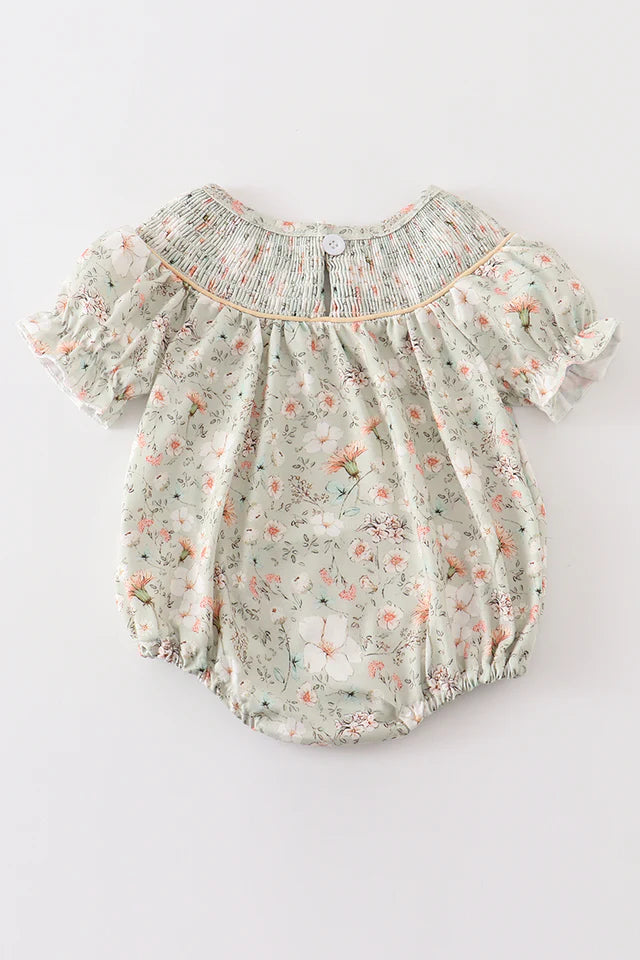 Green Floral Pumpkin Embroidery Yoke Bubble Romper (3-12m) - Green Floral - AT NOON STORE