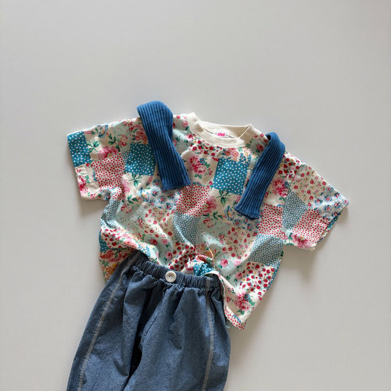 Toddler SP26 Quilted Print Short Sleeve Loose Fit Top  (1-6y) - Blue - AT NOON STORE