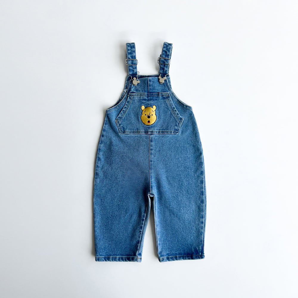 Toddler Disney Mickey and Pooh Face Embroidery Kangaroo Pocket Denim Overalls (2-7y) -2 Colors