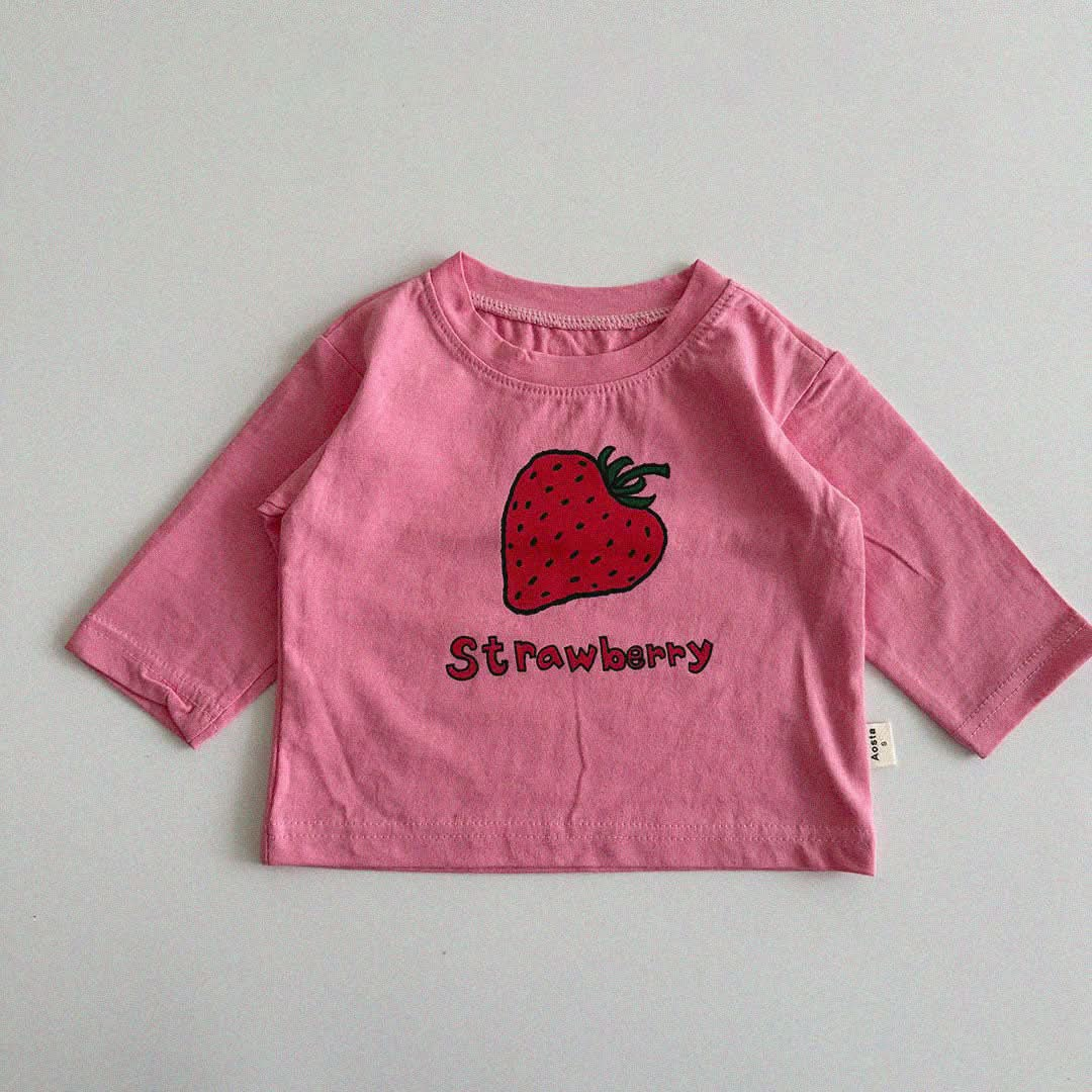 Baby/Toddler Aosta S25 Big Strawberry Print Long Sleeve Basic Top (3m-5y)- 2 Colors - AT NOON STORE