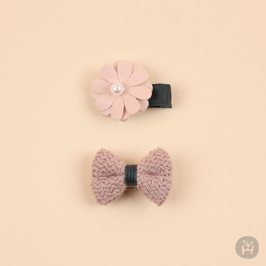 Baby Pearl Flower, Knit Bow Hair Clip Set (2pcs) - Pink