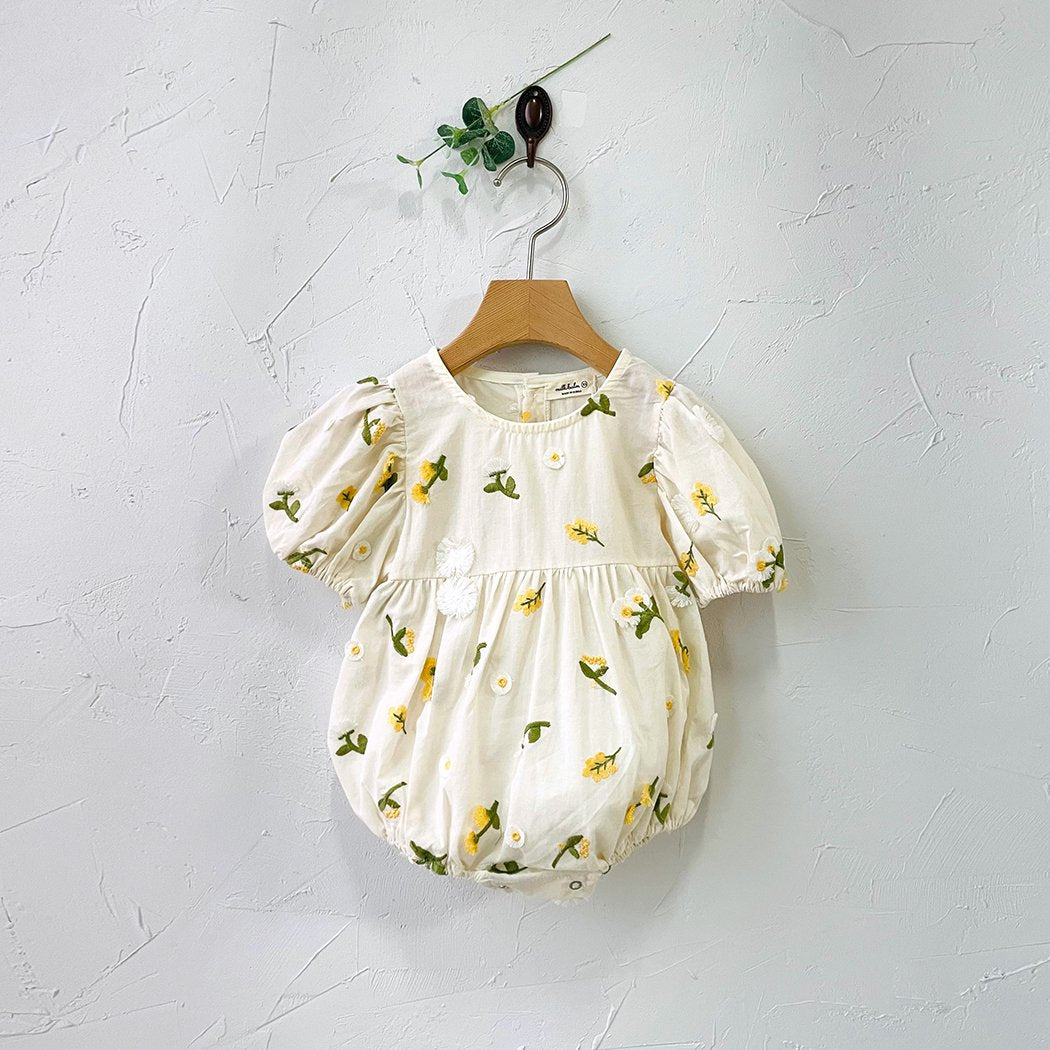 Baby Milk Floral 3D Embroidery Short Sleeve Romper (0-24m) - Floral Ivory