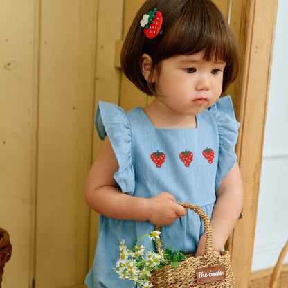 Baby Milk SS26 Strawberry Embroidery Ruffle Sleeve Bubble Denim Romper (3-18m) - Light Denim