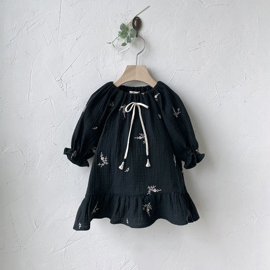 Toddler Milk Knot Tassel Bow Flower Embroidery Dress (1-6y) - Black - AT NOON STORE