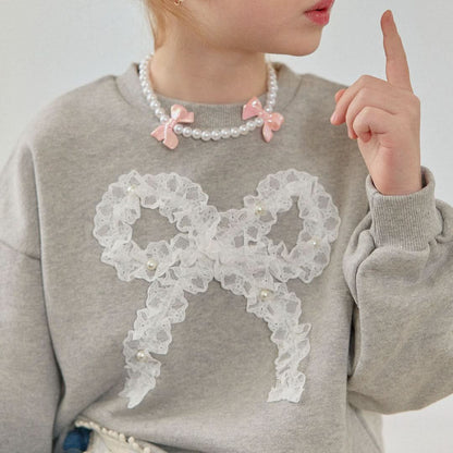 Toddler S25 Lace & Pearl Bow Sweatshirt (2-7y) - Gray - AT NOON STORE