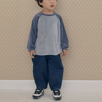 Kids W26 Stripe Velour Long Sleeve Raglan Top (1-7y) - Blue