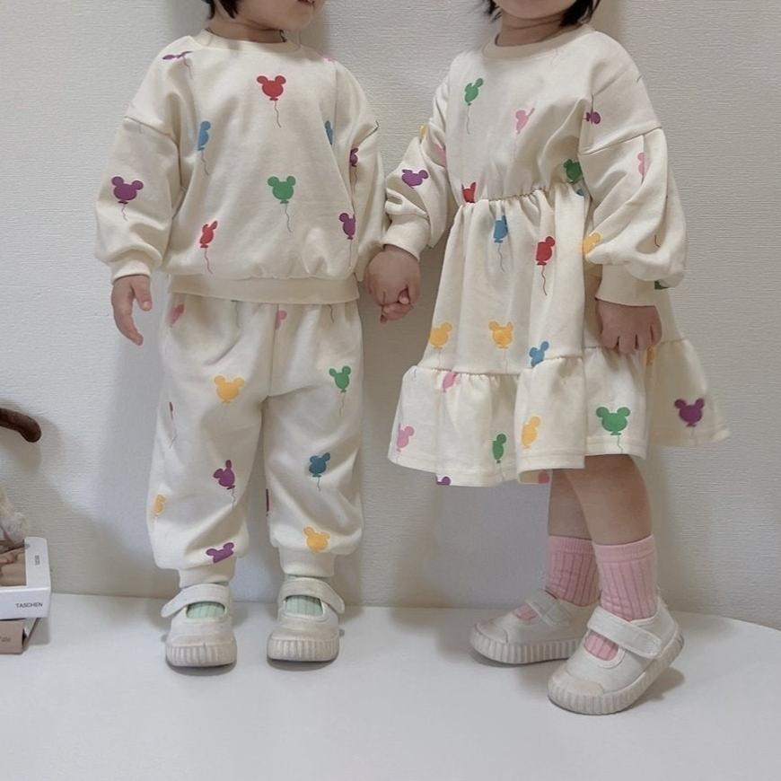 Toddler Balloon Print Long Sleeve Dress (15m-7y) -Cream