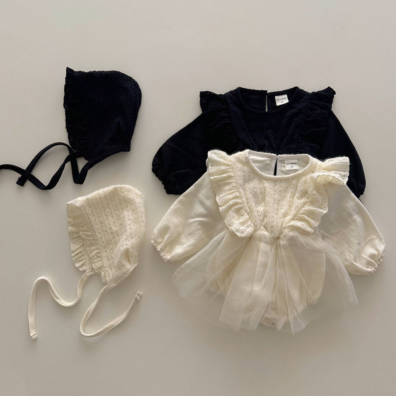 Baby Knit Top Ruffle Detail Dress Romper and Bonnet Set (3-18m) - Ivory - AT NOON STORE