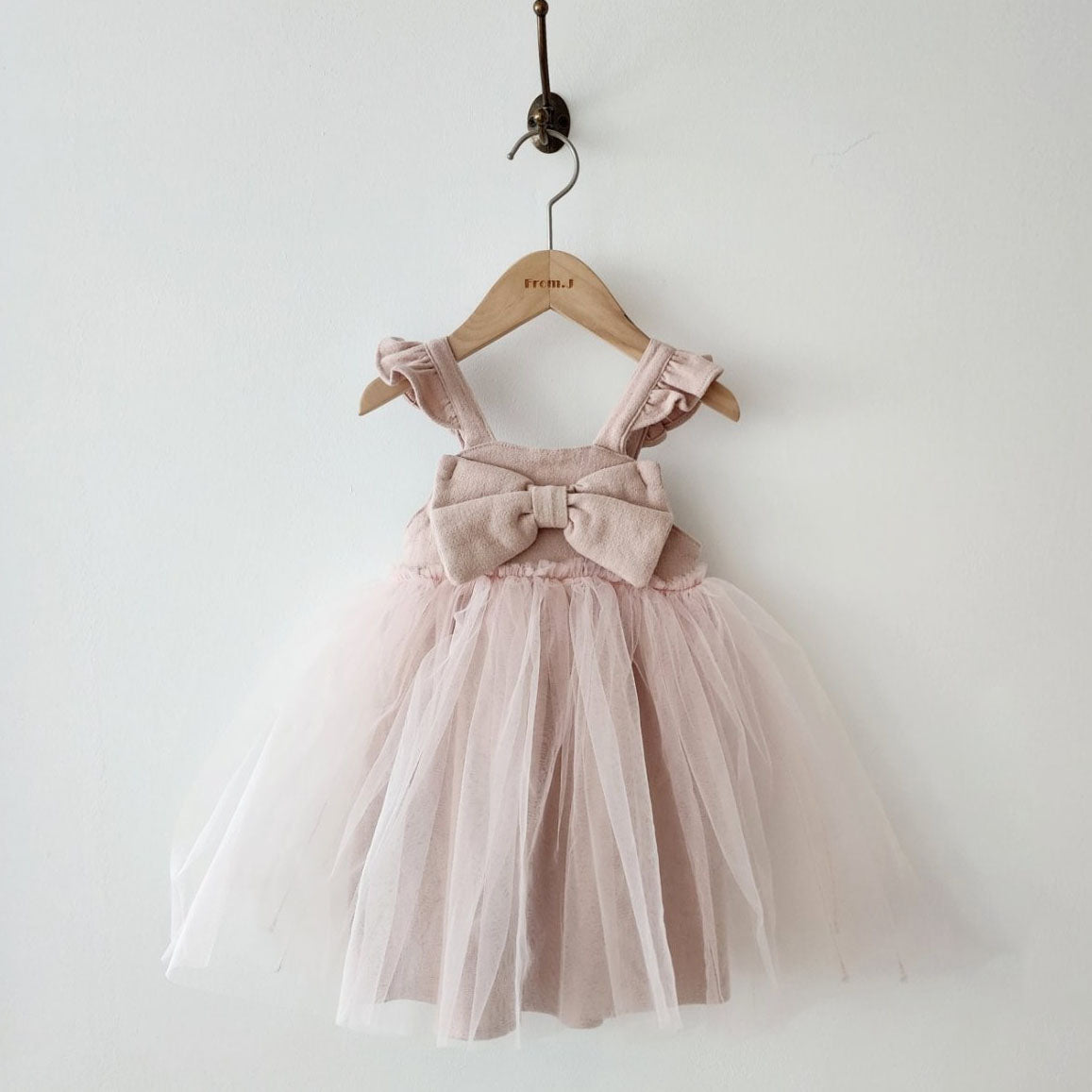 Girls Ruffle Shoulder Sleeveless Front Bow Tutu Dress (2-6y) - Dusty Pink