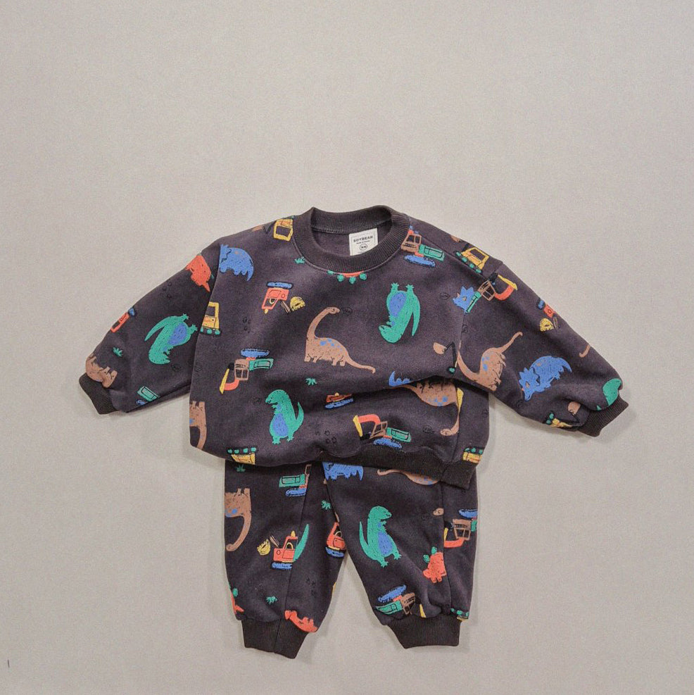 Kids Soy W24 Warm Brushed Fabric Dinosaur Sweatshirt and Jogger Pants Set (1-6y) - 2 Colors