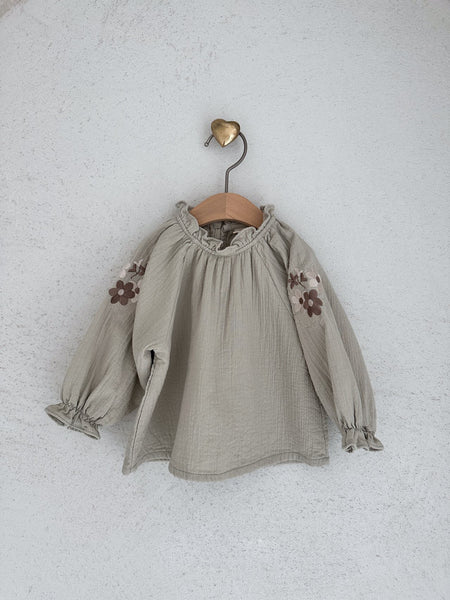 Baby Flower Embroidery Sleeve Bubble Blouse Top (3-18m) - 2 Colors