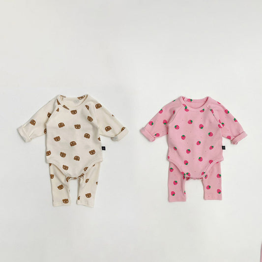 Baby S25  Bear / Strawberry Printed Bodysuit and Pants Set (0-12m) - 2 Colors