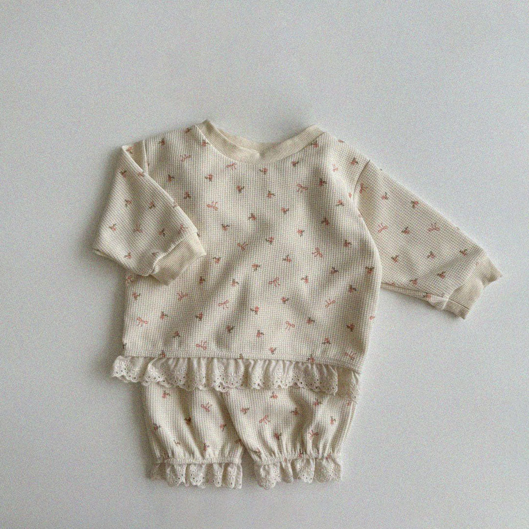 Baby Toddler Aosta Bow Print Waffle Lace Trim Sweatshirt (3m-5y) - 2 Colors