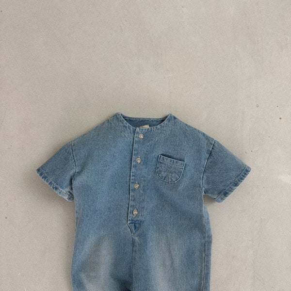 Kids Bella Front Button Short Sleeve Denim Jumpsuit (2-7y) - Denim