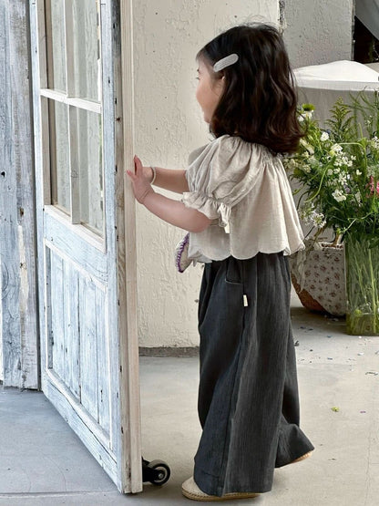 Kids Frill Puff Sleeve Crop Top  (2-6y) - Gray - AT NOON STORE