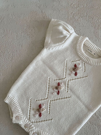 Baby Floral Embroidery Short Sleeve Knit Romper (0-24m) - Ivory - AT NOON STORE