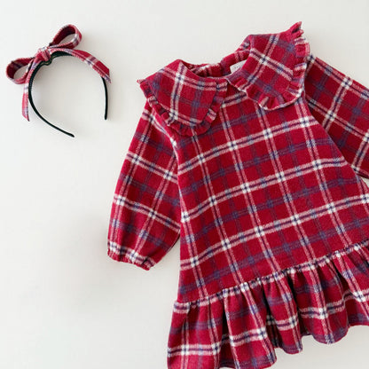 Kids W25 Holiday Plaid Big Collar Frill Dress (2-7y) - Red Blue
