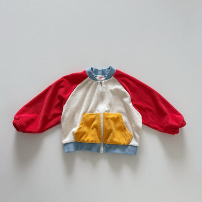 Toddler SP26 Terry Cloth Colorblock Raglan Jacket (1-6y) - Red - AT NOON STORE