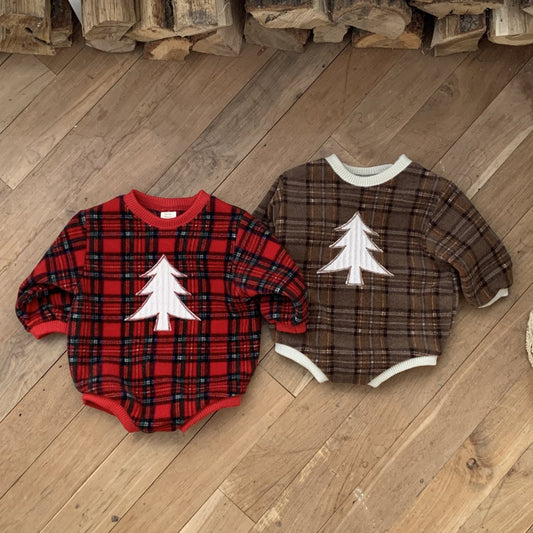 Baby W24 Fleece Tartan Check Tree Patch  Sweatshirt Romper(3-18m) - 2 Colors - AT NOON STORE