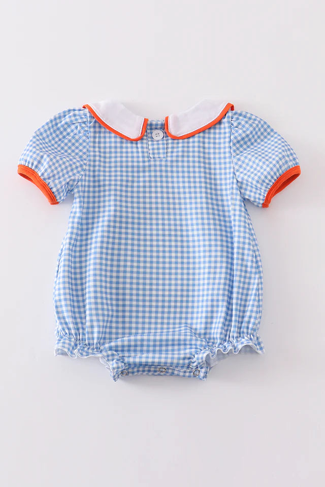 Blue Peter Pan Collar Pumpkin Embroidery Bubble Romper (3-18m) - Blue Plaid - AT NOON STORE