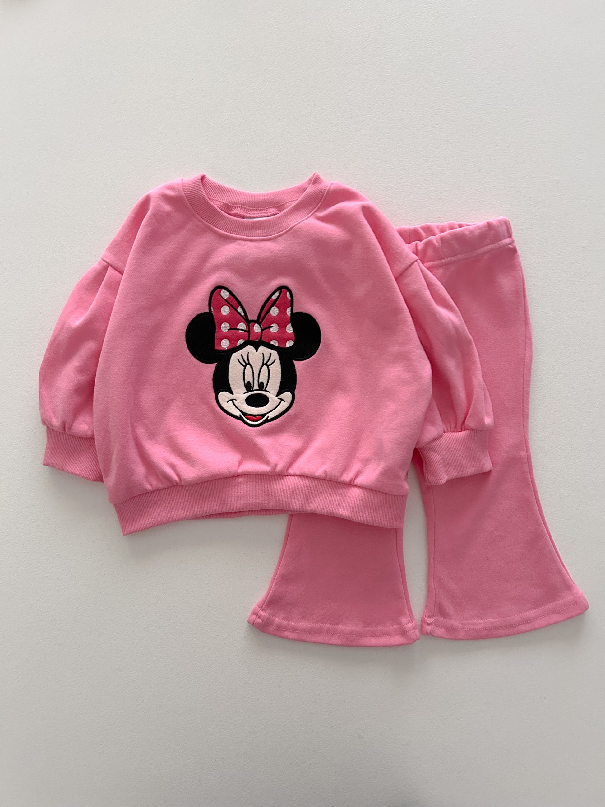 Toddler Disney Minnie Face Embroidery Puff Long SleeveSweatshirt and Flare Pants Set (1-6y) - Pink - AT NOON STORE