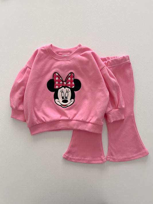 Toddler Disney Minnie Face Embroidery Puff Long SleeveSweatshirt and Flare Pants Set (1-6y) - Pink - AT NOON STORE