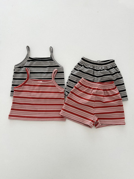 Kids SS25 Sleeveless Stripe Ribbed Top and Shorts Set (2-8y) - 2 Colors