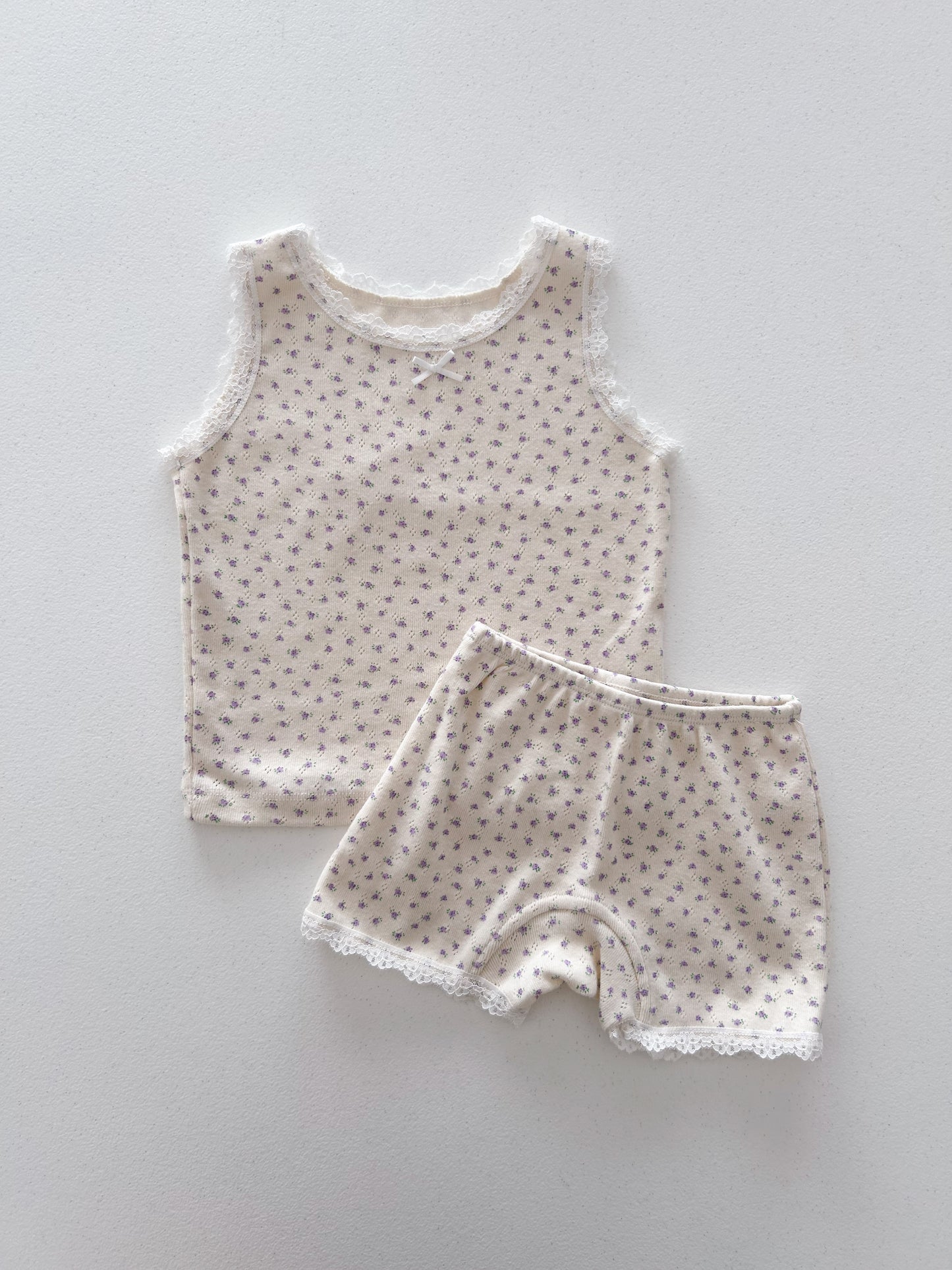Girl SS25 Lace Trim Floral Sleeveless Top and Shorts Set (2-7y) - Purple Floral