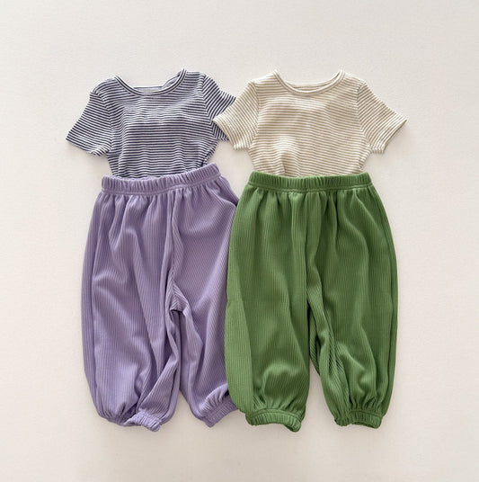 Kids Soy SS26 Stripe Ribbed Short Sleeve Top and Pleated Jogger Pants Set (1-6y) - 2 Colors - AT NOON STORE