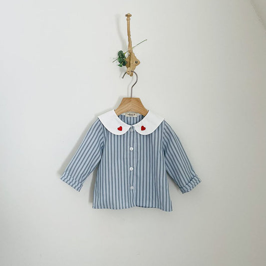 Toddler Milk F25 Heart Embroidery Collar Stripe Shirt (1-7y) - Pink - AT NOON STORE