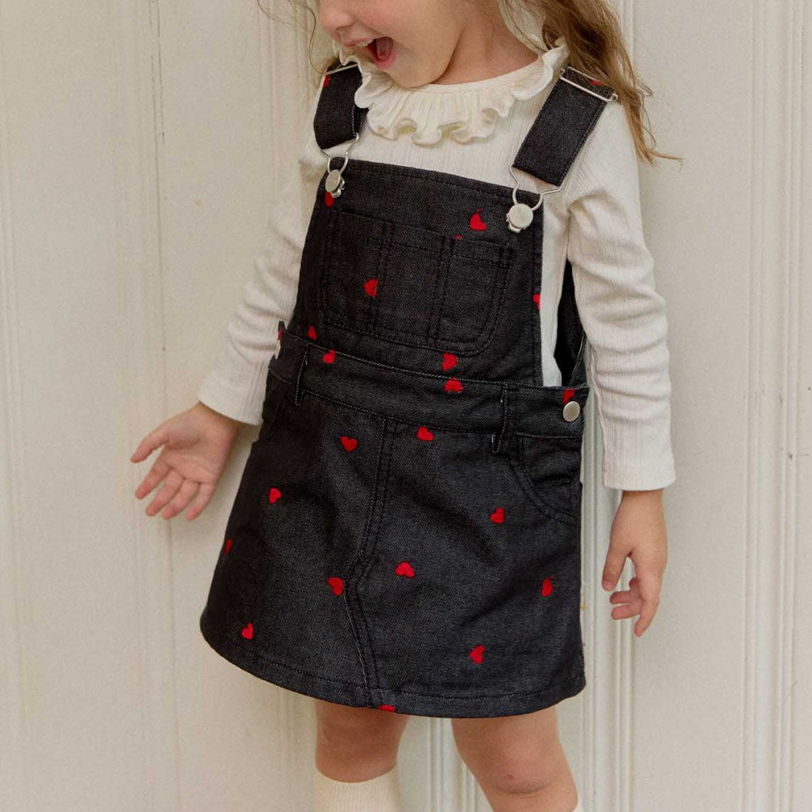 Toddler F25 Heart Embroidery Denim Skirtalls (2-7y) - Black - AT NOON STORE