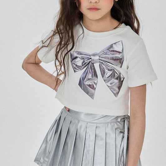 Girls Silver Bow Short Sleeve Cropped Top (3-6y) - Ivory - AT NOON STORE