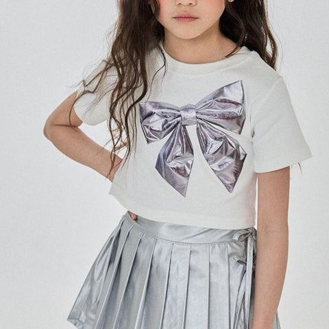 Girls Silver Bow Short Sleeve Cropped Top (3-6y) - Ivory