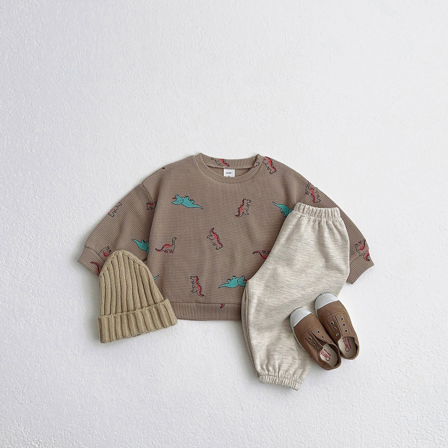 Toddler Waffle Dino Print Pullover and Jogger Patens Set (1-6y) - Beige - AT NOON STORE